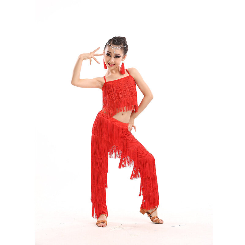 Trajes de dança latina infantis, vestido com franja, calças borla, salsa e samba com lantejoulas, roupas infantis de salão de baile plus size