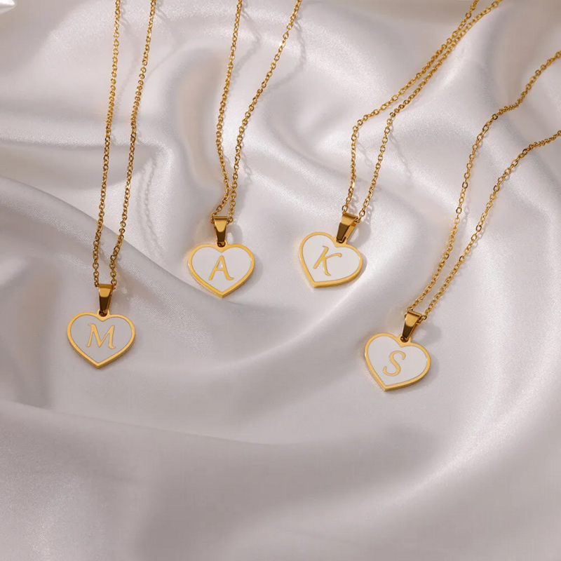Kalung huruf inisial Hati baja tahan karat untuk wanita kalung liontin huruf A-Z Enamel tetesan minyak putih perhiasan ulang tahun BFF