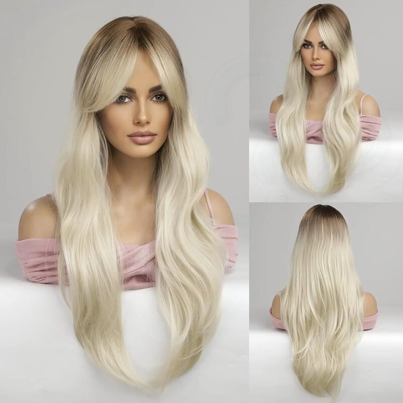 Peruki blond dla kobiet długa Ombre blond peruka z falowanymi włosami 26 Cal peruki syntetyczne naturalny wygląd włókno termoodporne peruka do codziennego użytku
