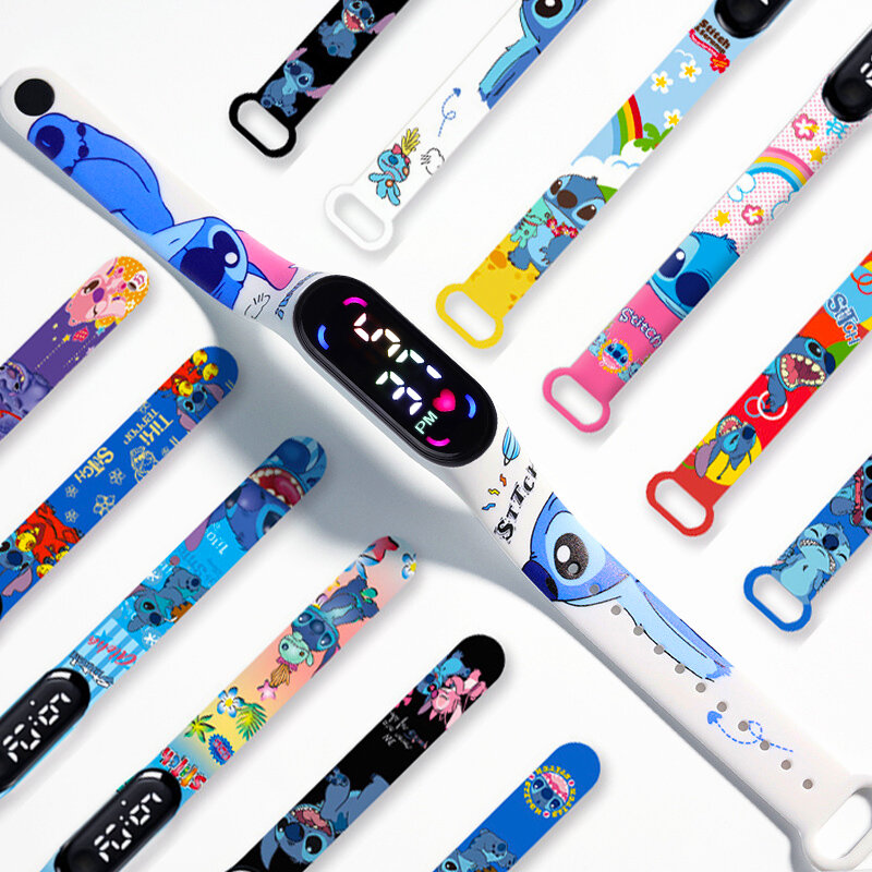 Jam Tangan Fesyen Disney Stitch Anak-anak Jam Tangan Gelang Olahraga Anak Perempuan Jam Tangan LED Anak Tahan Air Jam Digital Sentuh