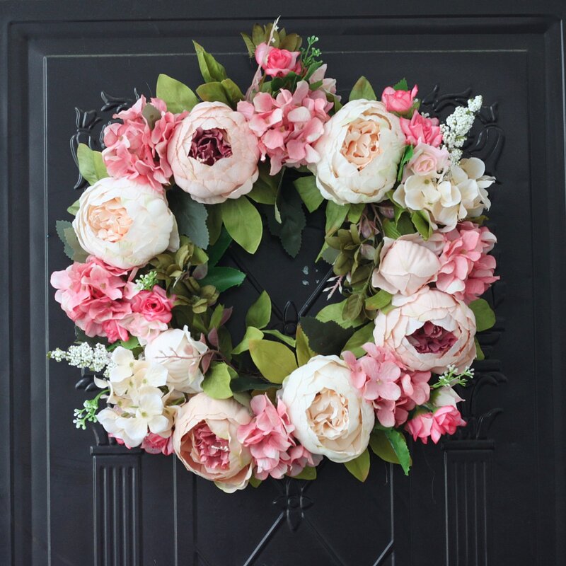 Mode künstlicher Blumenkranz Pfingstrosen kranz-16 Zoll Tür kranz Frühlings kranz runder Kranz für die Haustür, Hochzeit