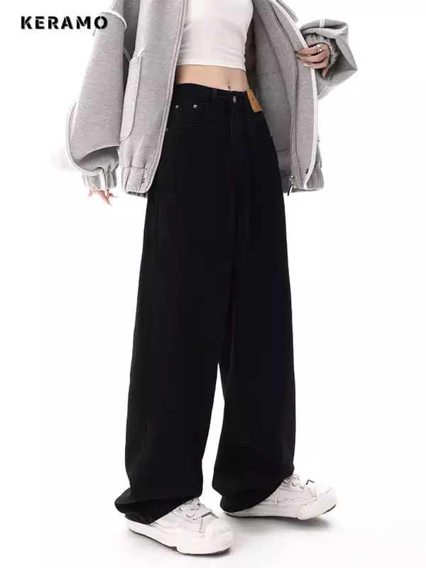 Czarny Baggy proste dżinsy kobiety koreański mody Streetwear wysokiej talii szerokie nogawki spodnie dżinsowe kobiet luźne mopem Jean spodni Y2K