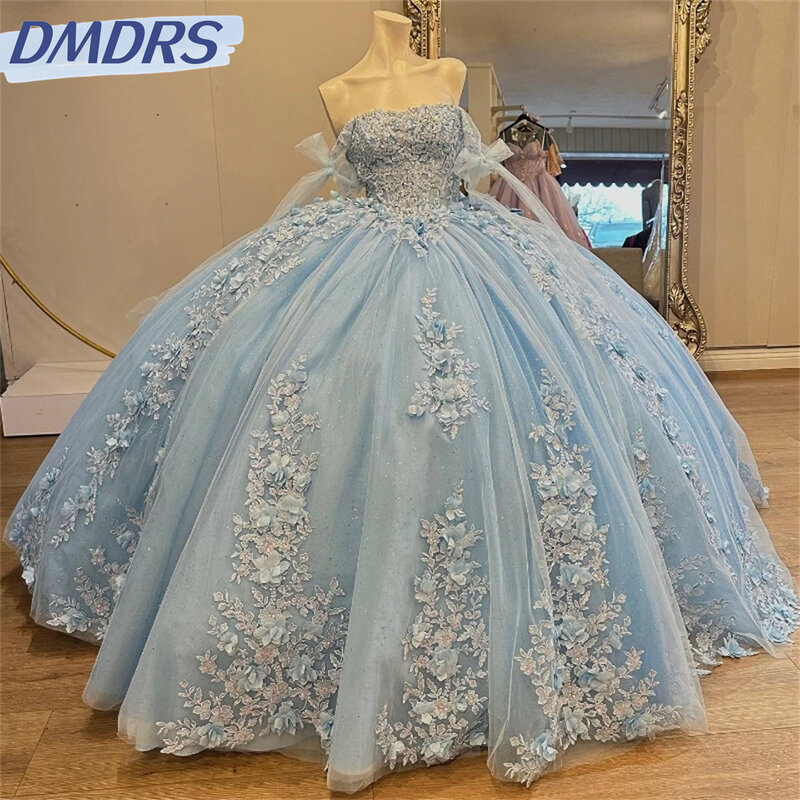 Wdzięczna błyszcząca suknia balowa bez ramiączek urocza sukienka Quinceanera bez rękawów 2024 klasyczna aplikacja kwiatowa 3D słodka sukienka 16