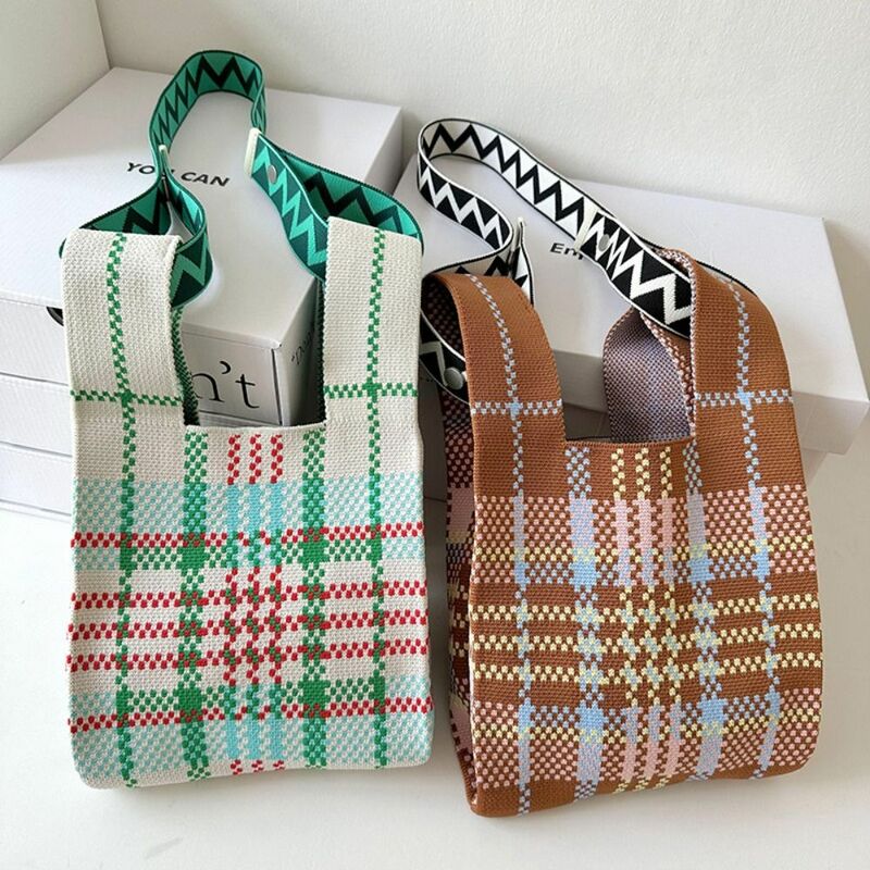 Large Capacity Knit Handbag Portable Plaid Mini Shopping Bags Reusable Knot Wrist Bag