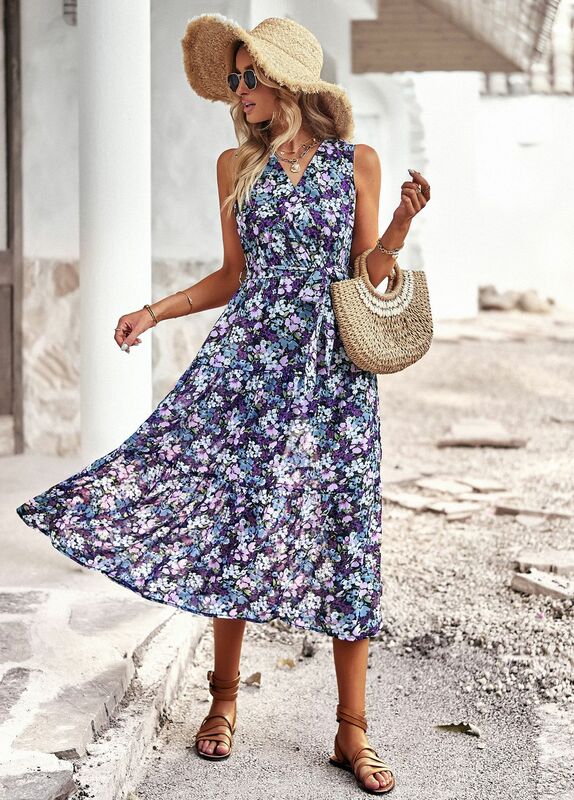 YEAE Floral Sleeveless Dress Printed Vest Belt Waisted Women's Long Dress Temperament Exquisite Women Casual Vacation Style New