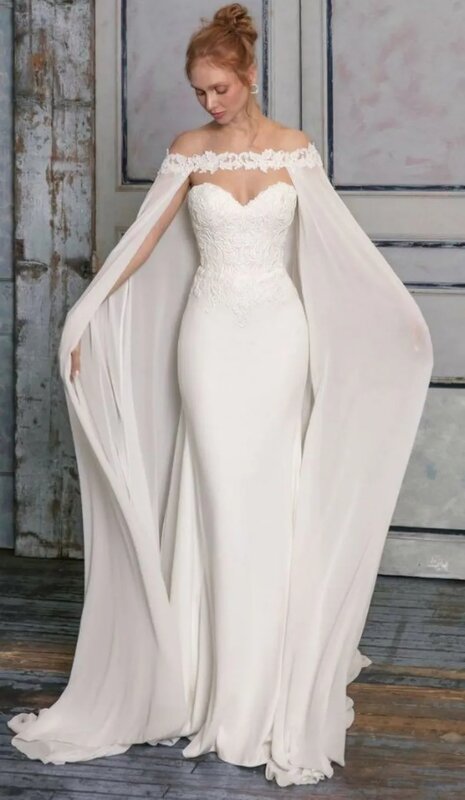 Vestido de casamento simples com boné e apliques de renda para mulheres, até o chão, pescoço de gola, sereia, vestido de noiva, novo, 2024
