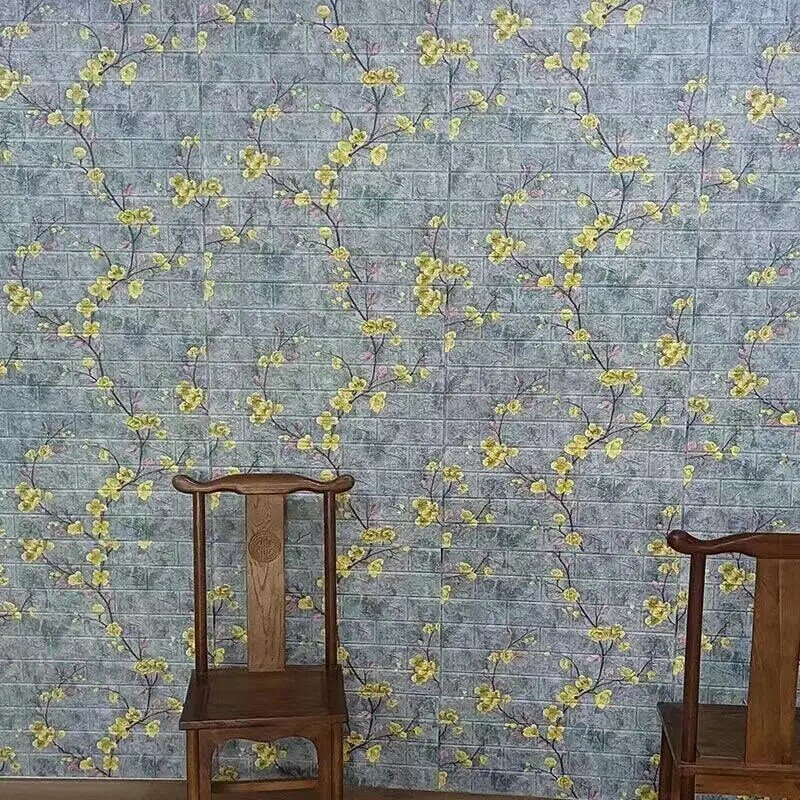 3D tijolo Wallpaper para sala de estar, adesivo auto-adesivo impermeável, Peach Blossom Pattern, painel de espuma, estilo chinês, Wall Decor
