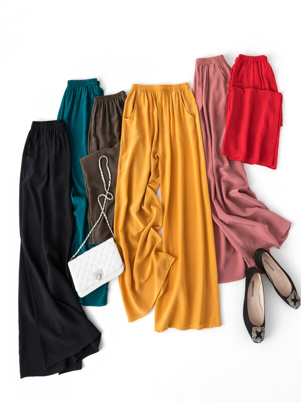 SuyaDream-pantalones de pierna ancha para mujer, pantalón de seda auténtica, cintura elástica, hasta el tobillo, Chic, color negro, 100%, primavera y otoño, 2022