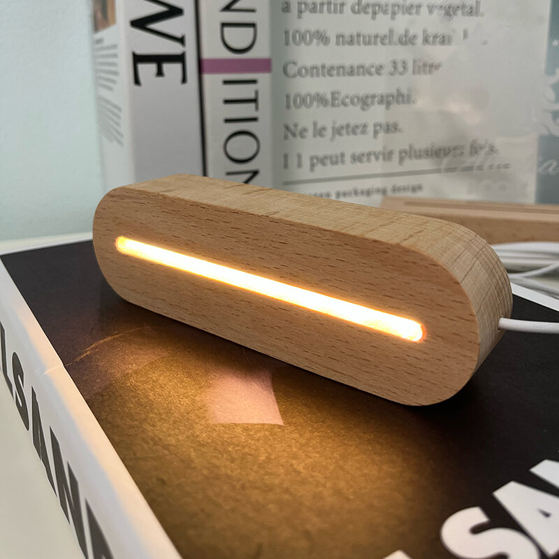 10 stücke 3D Oval Holz Kinder Acryl Nacht Lampe Basis Led Stand USB Powered Warm Weiß RGB Lichter Holz Led licht Basis für Acryl