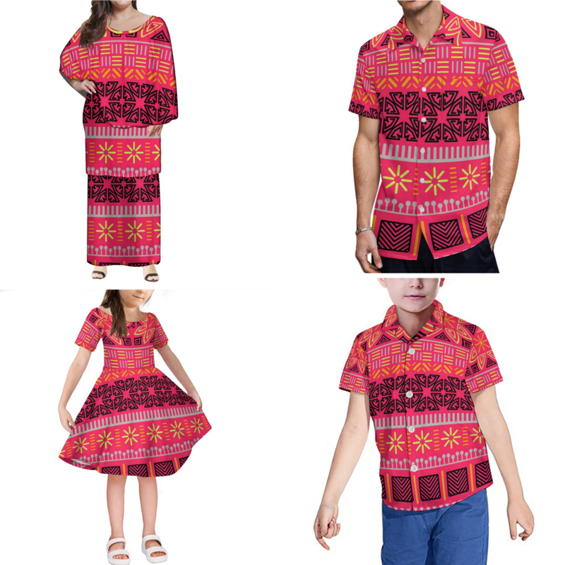 Hot Sale Polynesian Samoa Tribal Print 4Pcs Set Women Puletasi Maxi Dress Match Men Shirts Children Shirt