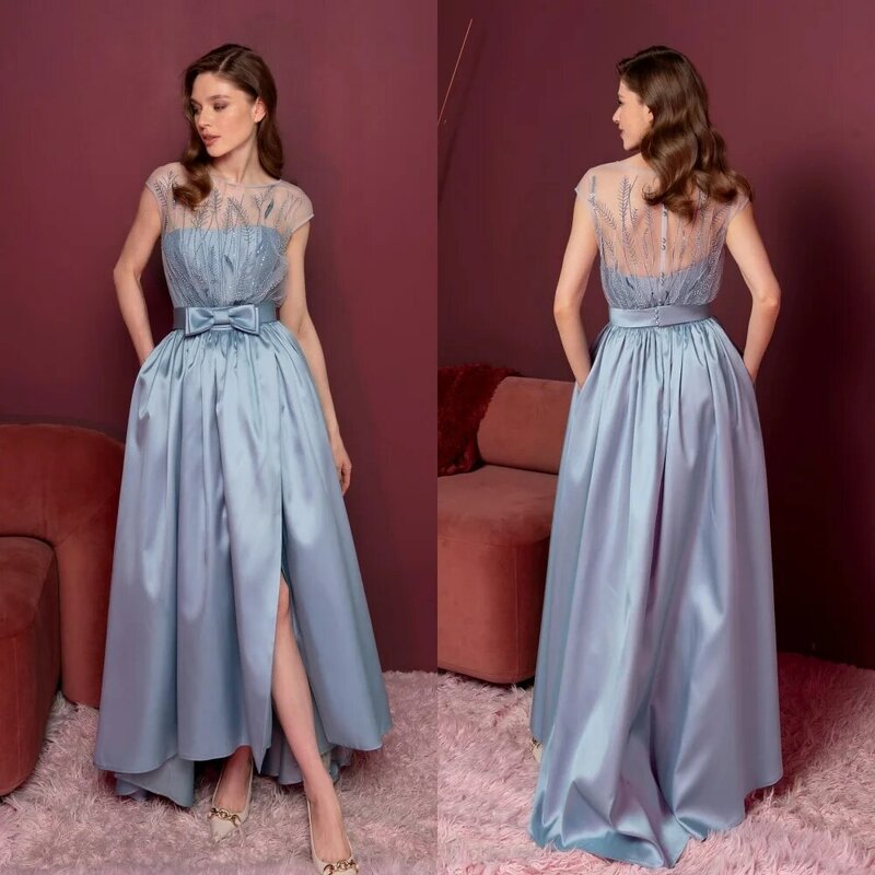Ball Dress Evening Saudi Arabia Satin Sequined Beading Ruched Bow Beach A-line O-Neck Bespoke Occasion Gown Long Dresses