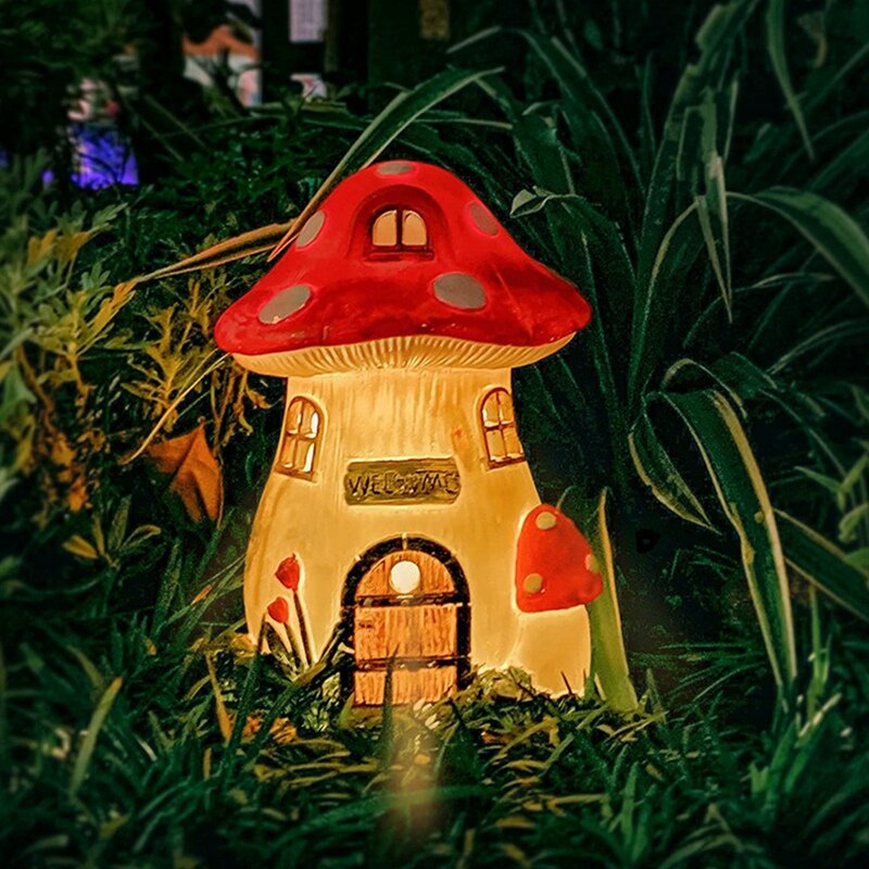 버섯 집 태양열 램프 송진 공예 정원 미니어처 요정 풍경 집 장식