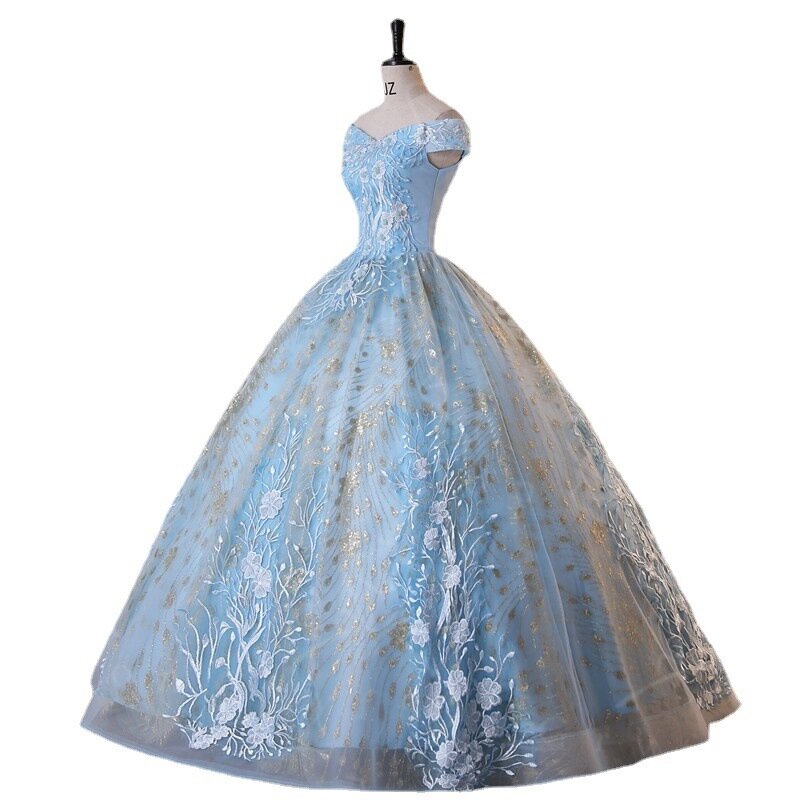 Gaun koktail prom biru muda gaun pesta perjamuan malam bahu gaun pesta dansa gaun putri elegan dewasa