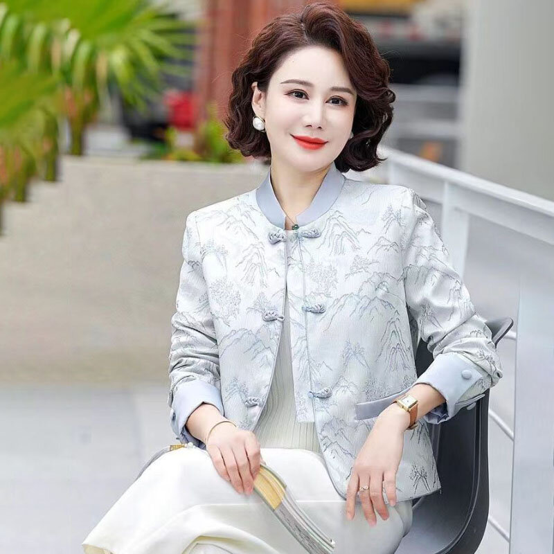 Jaqueta vintage chinesa para mulheres, tops curtos elegantes, jacquard, gola de fivela, outwear solto, 5XL grande, novo, primavera e outono, 2024