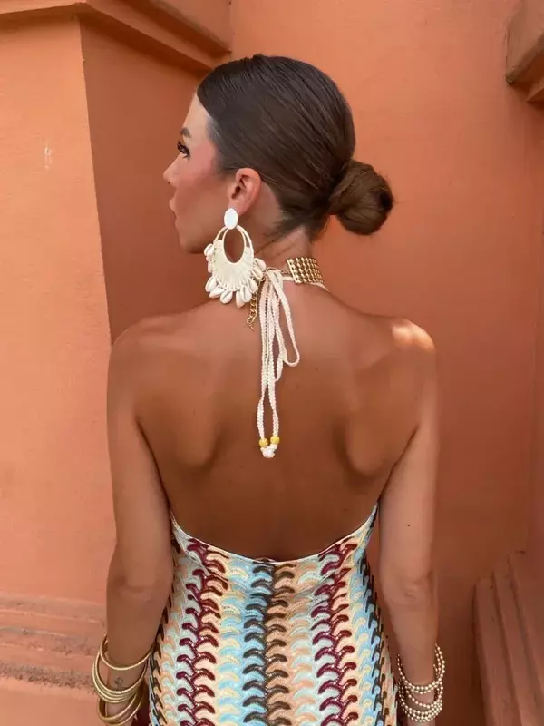 Women Contrasting Printed Halter Long Dress Sexy Backless Deep V Neck Sleeveless Maxi Dresses 2024 Summer Female Holiday Robes