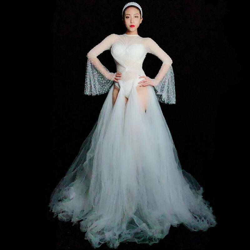 Белое Сетчатое облегающее вечернее платье с жемчужинами для женщин, Привлекательное Женское платье для шоу и представлений, модель W2301029