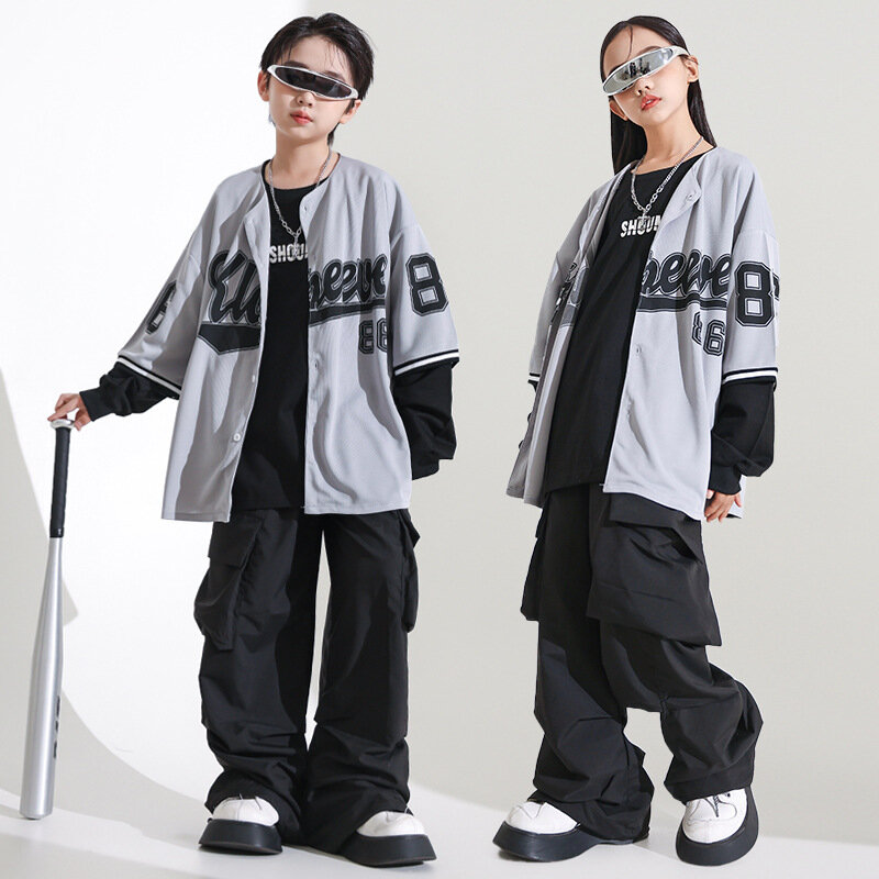 Kid Hip Hop Clothing Gray Cardigan Shirt Top Black Casual Pocket Wide Ruched Cargo Pants for Girl Boy Jazz Dance Costume Clothes