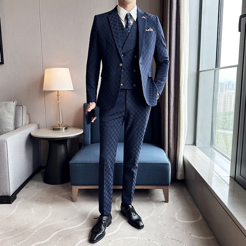 2-A16 Suit suit men's three-piece slim coat plaid small suit professional formal groom handsome wedding dress trendy
