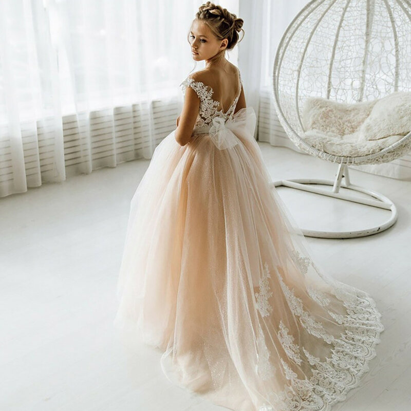 Dziewczęca suknia ślubna 2023 koronkowa tiulowa bez pleców kwiat sukienki dla dziewczynek Vintage Junior suknia dla druhny pierwsza komunia od 4 do 8 lat