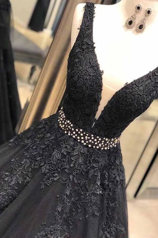 Gaun Prom Leher V Angelsbrep Applique Manik-manik Seksi Pinggang Kekaisaran Arab Saudi Panjang Lantai Korset Ukuran Besar