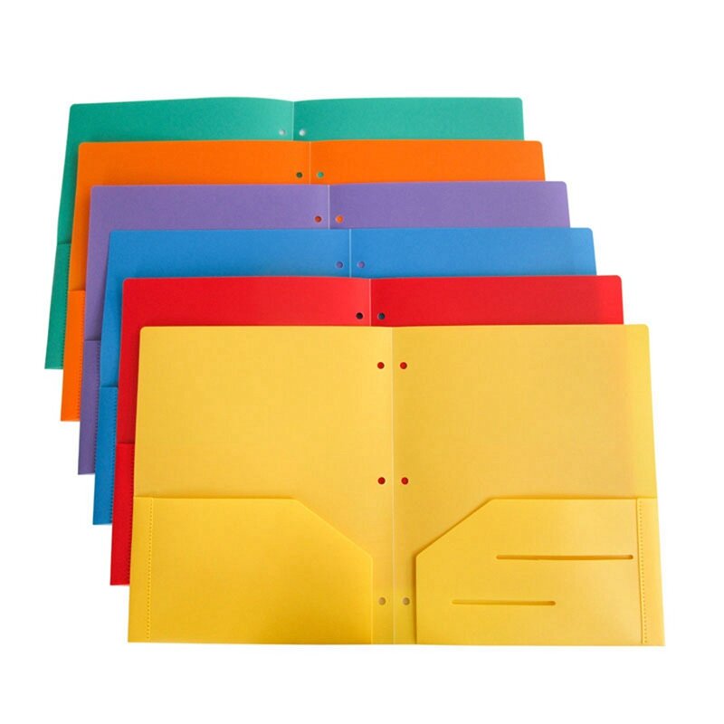 Pastas plásticas de dois bolsos com bolsos, pastas de arquivo, resistente, 6 cores, 6 Pack