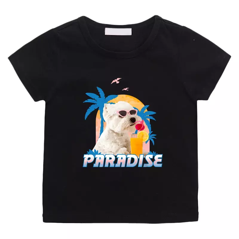 Camiseta de verano del perro del paraíso para niños y niñas, camisa de manga corta con estampado de dibujos animados Kawaii, 100% algodón
