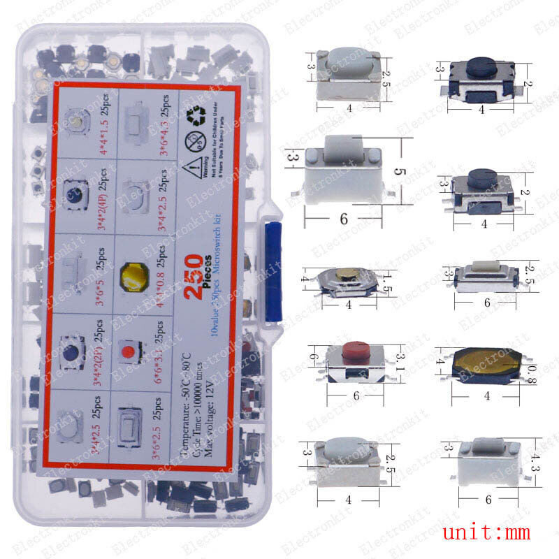 Micro interruptor surtido, pulsador táctil, reinicio, Mini interruptor de hoja, encendido-apagado, SMD DIP 2x4, 3x6, 4x4, 6x6, 12x12, Kit de bricolaje