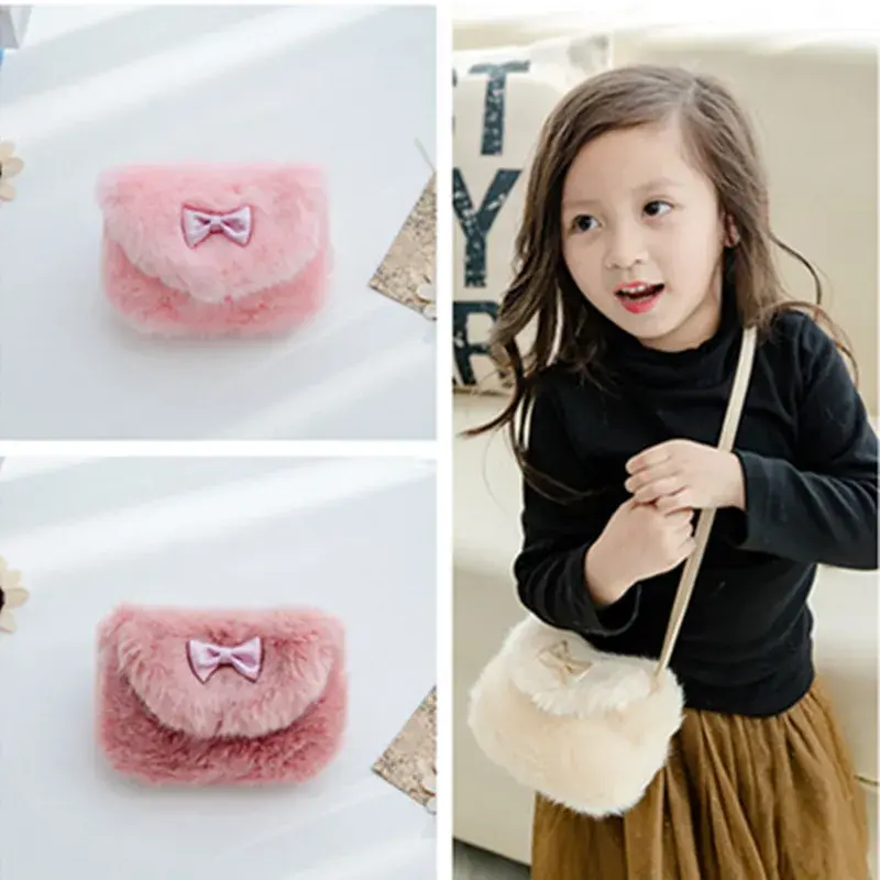 Brand New Baby Girls Crossbody Bags Warmly Children Cross Body Mini Purse Bowknot Artificial Fur Bag Kids Birthday Gifts