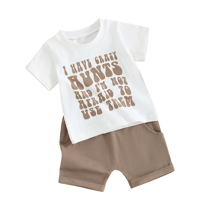 Toddler Boys Letter Print Camisetas de manga curta, cintura elástica, roupas, roupas de verão, 2 peças
