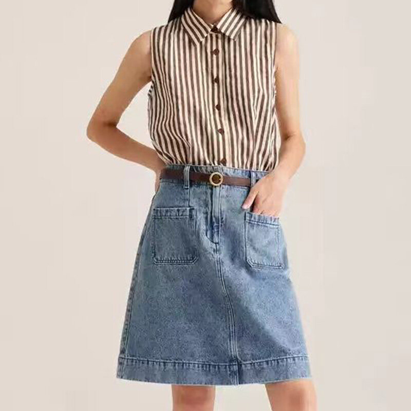2024 nuova estate elegante moda stile coreano retrò sciolto Casual camicia da donna bottone a righe risvolti senza maniche pieghe Chic top