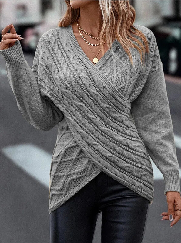 2023 V-neck Knitted Sweater Women Off Shoulder Pullovers Spring Warm Warm Cross Jacquard Jumpers Gray Y2k E-girl Jumper