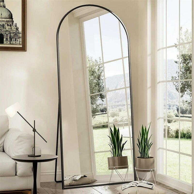 Espejo arqueado de longitud completa para sala de estar, soporte negro de 71x28 pulgadas, imagen HD, marco de aluminio a prueba de óxido, duradero, uso de pared o soporte