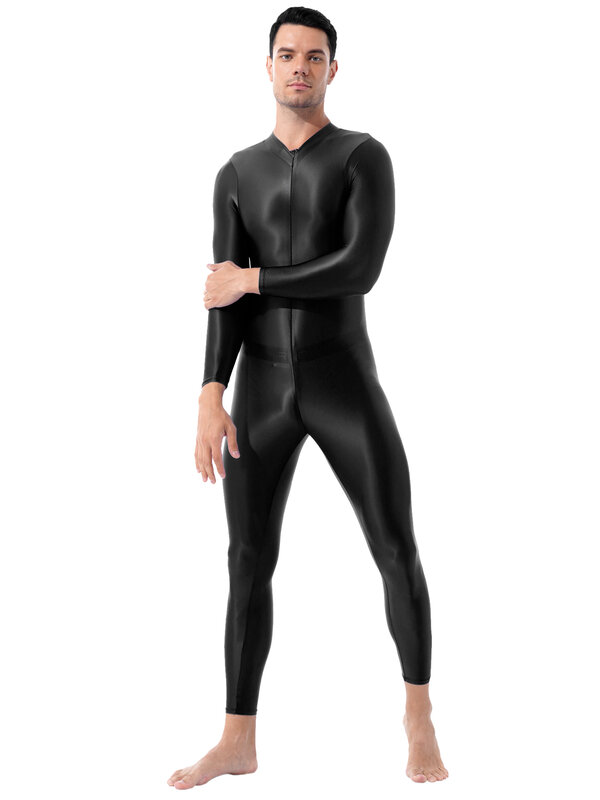 メンズワンピース黒のきらめくジャンプスーツ,滑らかなランジェリー,ハイカラー,長袖,足首までの長さ,ダブルエンド,ジッパー付き