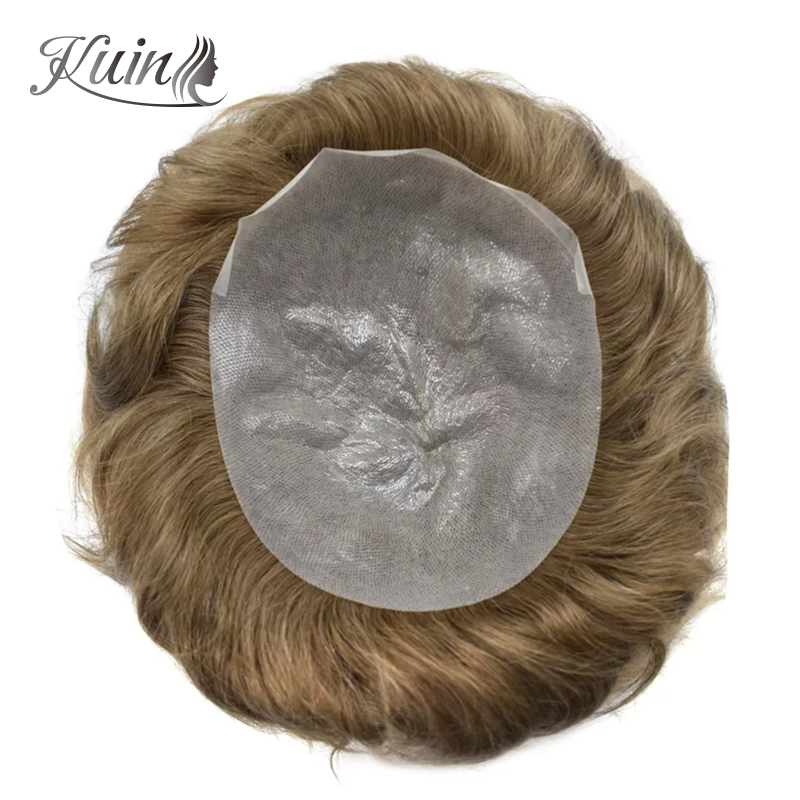 Pelucas de cabello humano para hombres, tupé masculino de Pu sin nudos, de piel fina, 0,03-0,04mm, 100% cabello humano, duradero