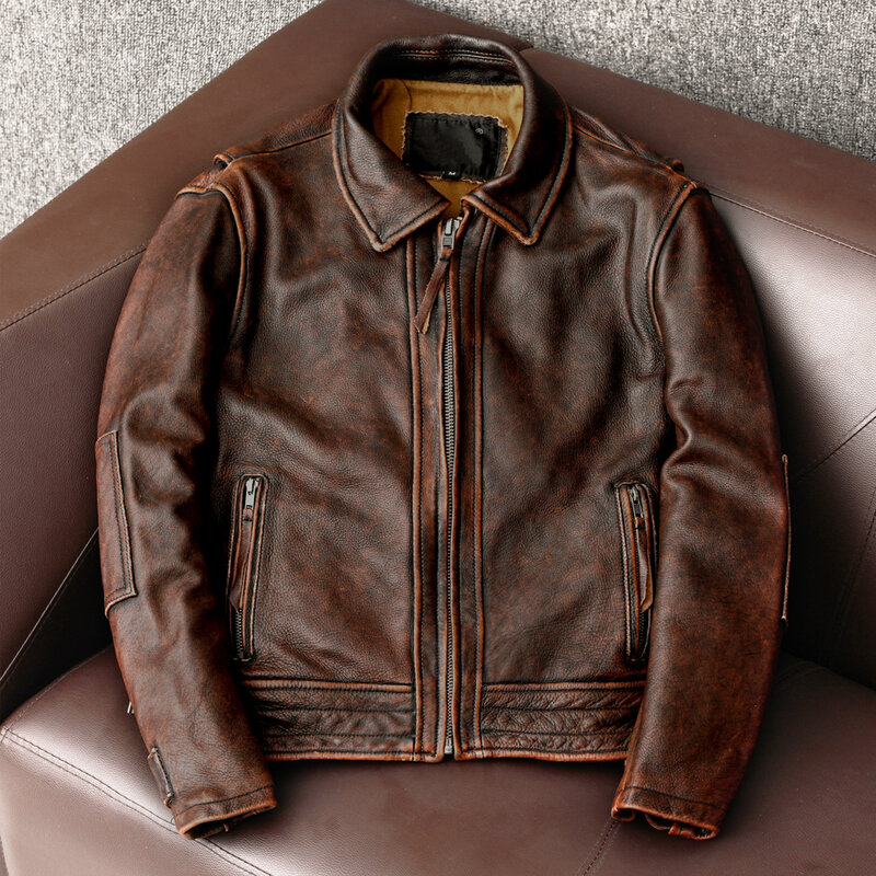 Jaket kulit asli, gaya baru jaket kulit asli Vintage warna coklat kulit sapi pria ramping modis jaket pengendara sepeda motor ukuran Asia 6XL pabrik pengiriman Drop