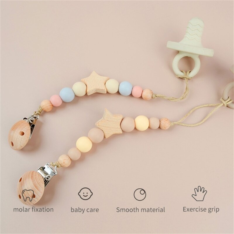 Modern Pacifier Clip for Boys & Girl Beads Star Pacifier Hold Unisex Design Universal Paci Clip Fits Most Pacifiers