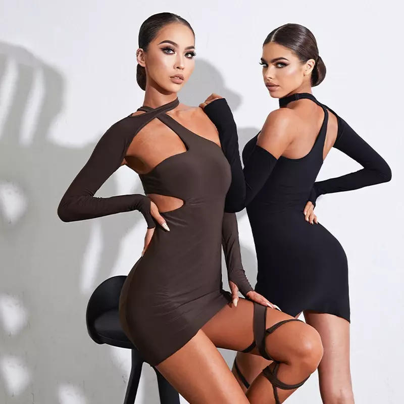 Sexy Cutout Sleeves Design Lace Up Latin Dance Dress Latin Chacha Rumba Samba Dancing Dresses Women Party Evening Dress