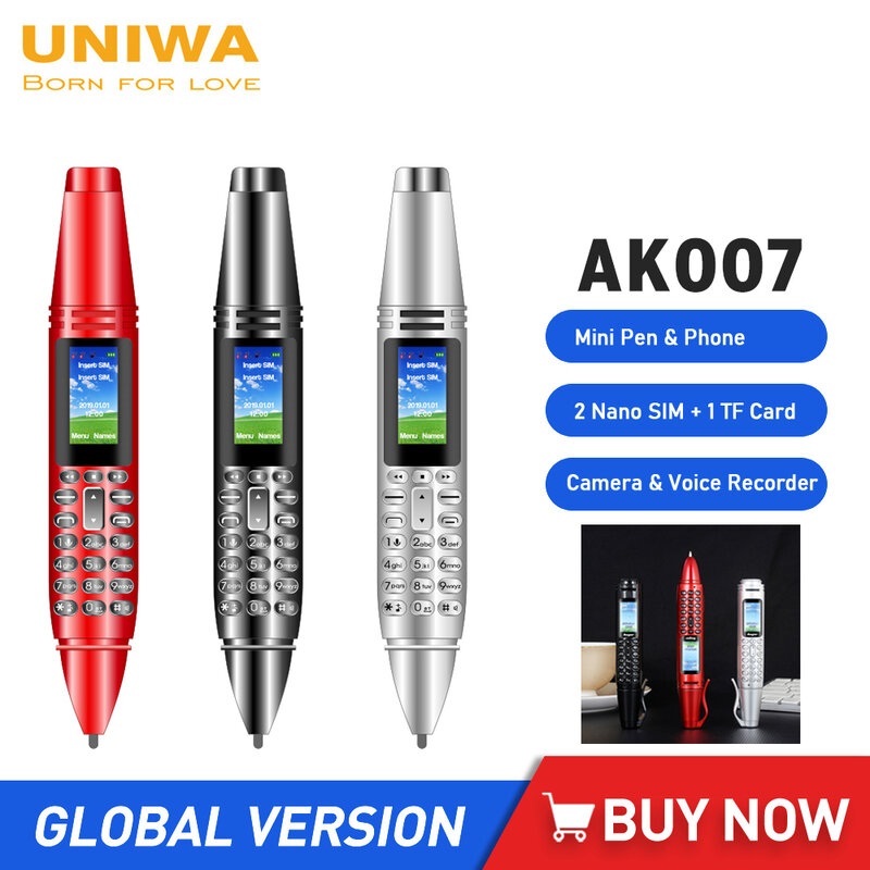 Uniwa ak007 2g mini caneta telefone duplo nano sim celular 0.96 "550mah telefone móvel bluetooth dialer 0.08mp câmera gravador de voz