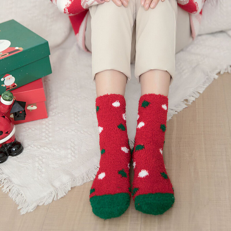 Рождественские носки из кораллового флиса, милые зимние толстые теплые пушистые носки с Санта Клаусом для дома и сна, новогодние подарки