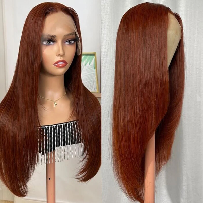 Perruque HD Lace Front Wig naturelle lisse, cheveux humains, couleur brun roux, cuivre rouge, densité 180%