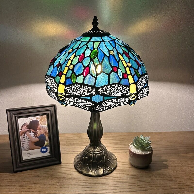 US  Tiffany style desk lamp dragonfly green blue stained glass retro 18 "H * 12" W-