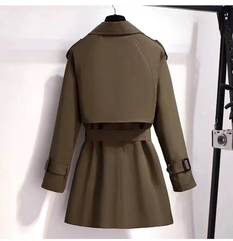 2024 jesienno-zimowy elegancki damski dwurzędowy płaszcz jednokolorowy trencz 100% bawełniany kołnierz w stylu Vintage luźny z paskiem