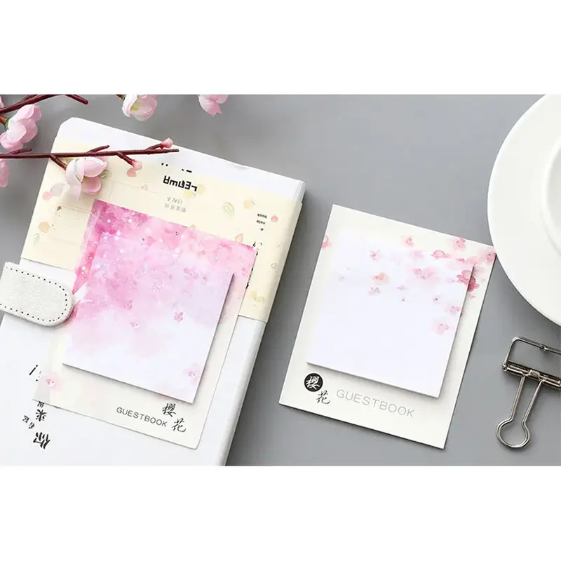 로맨틱 귀여운 벚꽃 메모 패드 스티커, 메시지 자체 접착 멋진 선물 문구, 11*9cm, 2 팩