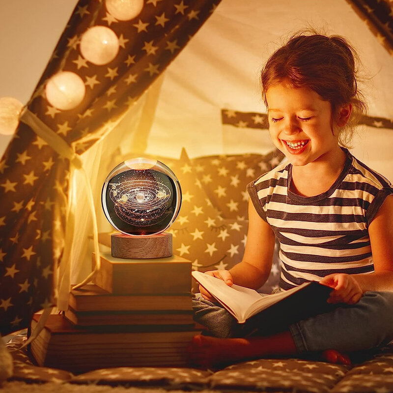 Lampa nocna LED USB Lampa stołowa z kryształową kulką 3D Planet Moon Lampa do sypialni na przyjęcie dla dzieci Prezenty urodzinowe dla dzieci
