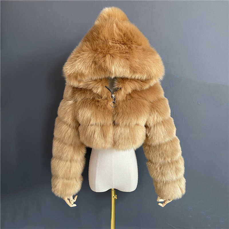 Casaco de pele artificial feminino, Jaqueta curta de pele raposa, Quente e grossa, Inverno, 2024