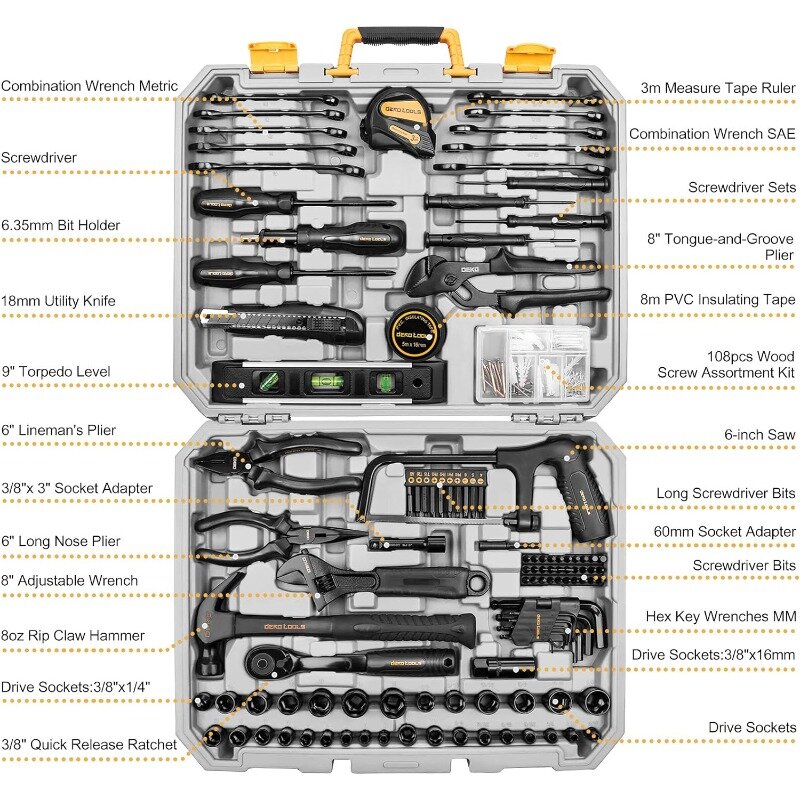 Kit Geral Household Mão Tool, Professional Auto Repair Tool Set para Homeowner, 218 pcs