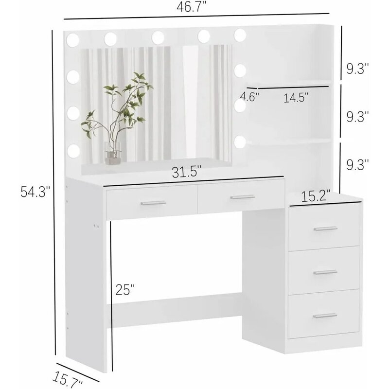 White RSZT106W Woman Dressing Table for Bedroom Furniture 46.7“ Makeup Vanity Table With Lighted Mirror Dresser 11 LED Lights