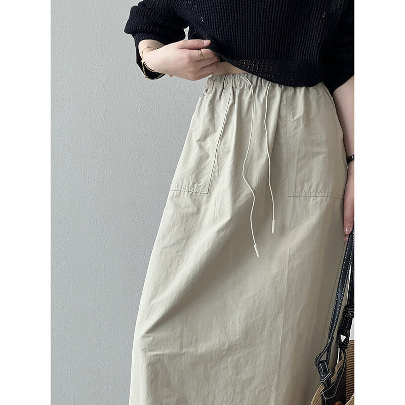 Dames Zomerrok Streetwear Trend Retro Safari Rok Elastische Taille Trekkoord Dubbele Zakken Hoge Taille A-Lijn Y 2K Lange Rok