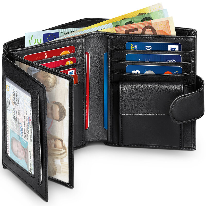 男性用本革財布,ビジネス財布,rfidカードホルダー,透明な窓,紙幣コンパートメント,黒