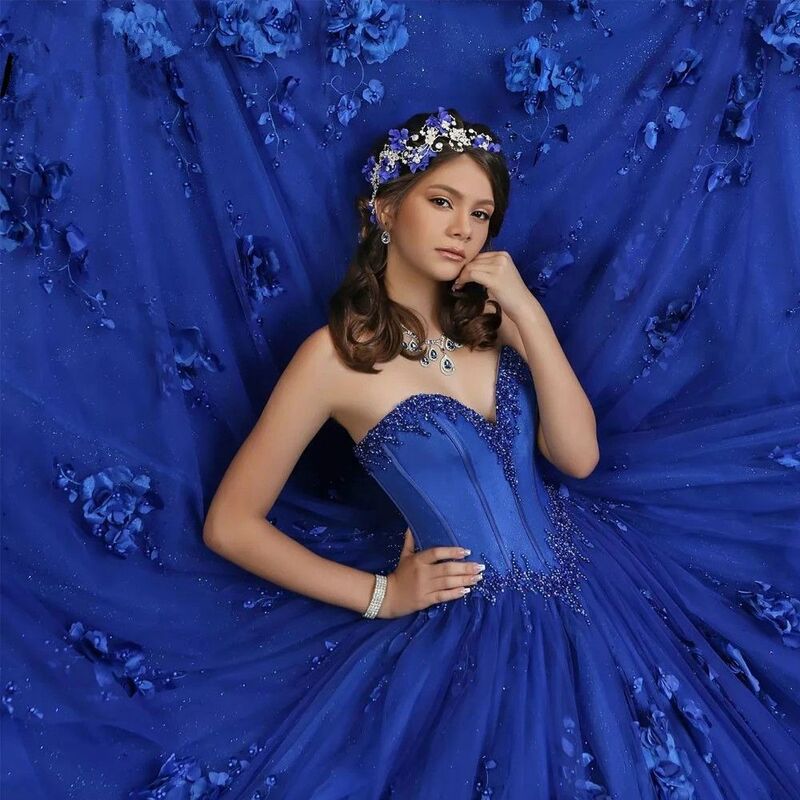 Vestido Lorencia Royal Blue Quinceanera, Apliques de flores 3D, miçangas, ombro, vestido Sweet 16, YQD454